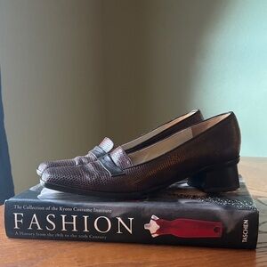 Brown leather square toe block heel 90s loafers